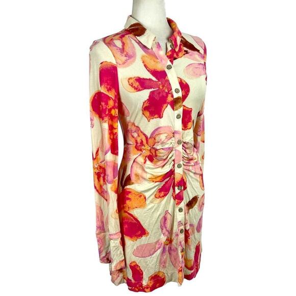 Free People Shayla Cream Floral Print Button Front Mini Dress Size Medium - Picture 9 of 15